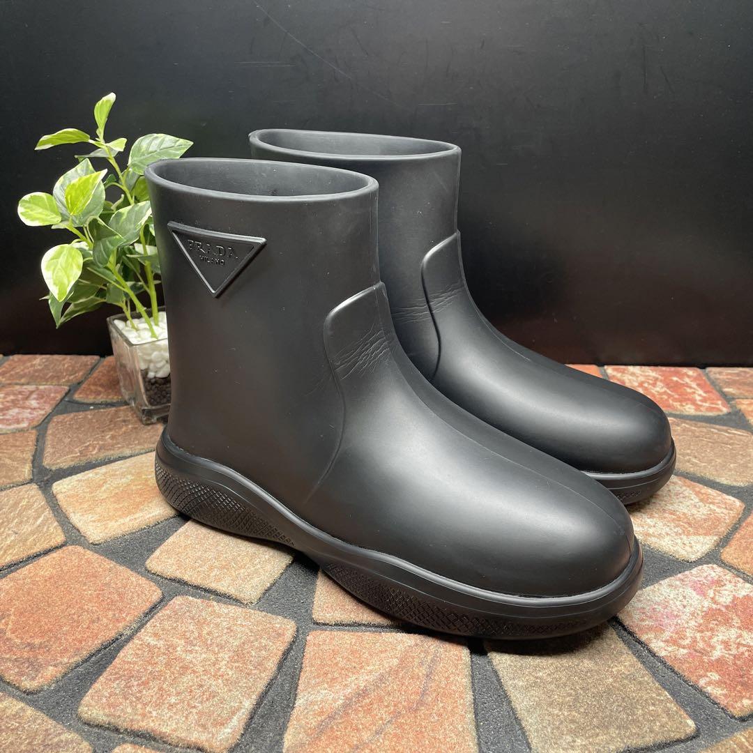 極美品■PRADA プラダ【23.5】レインブーツ 三角ロゴ ラバー ブラック
