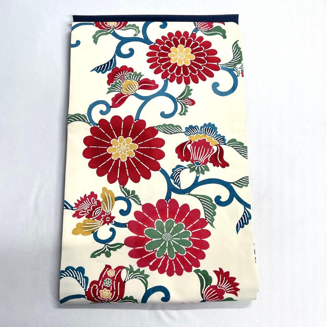 名古屋帯 型染め 菊花 唐花 唐草 アイボリー 着物 帯 037k 名古屋帯 型染め 菊花 唐花 唐草 アイボリー 着物 帯 037k