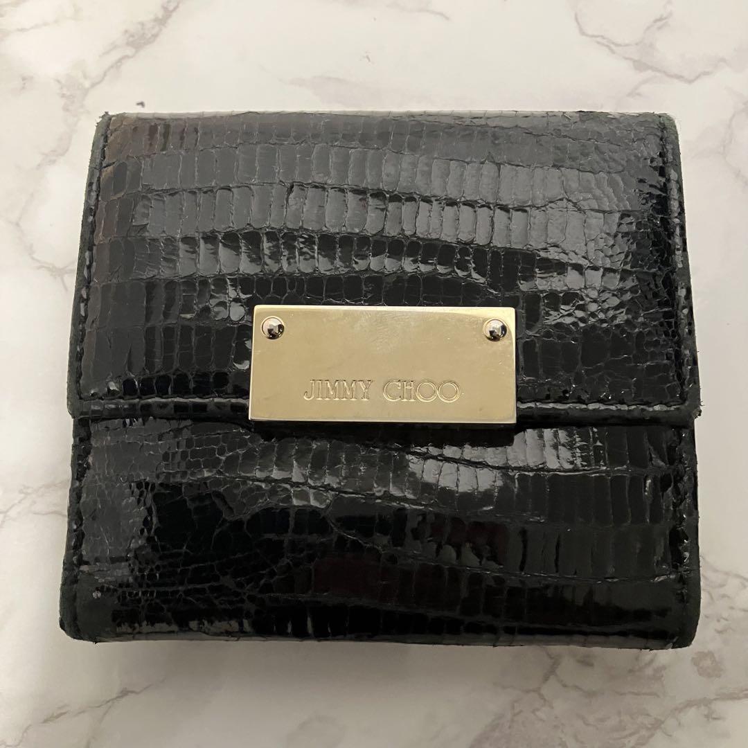 ジミーチュウ JIMMY CHOO シューズ　箱　保存袋付き 箱付き】ジミーチュウ 折り財布 クロコ型押し ブラック 黒 保存