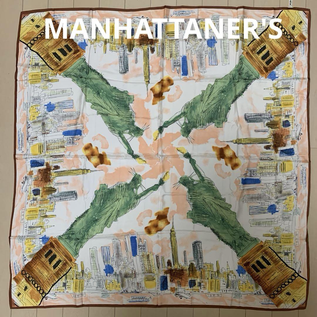 いラインアップ 美品 MANHATTANER'S シルクスカーフ 大判 総柄 自由の女神 小物