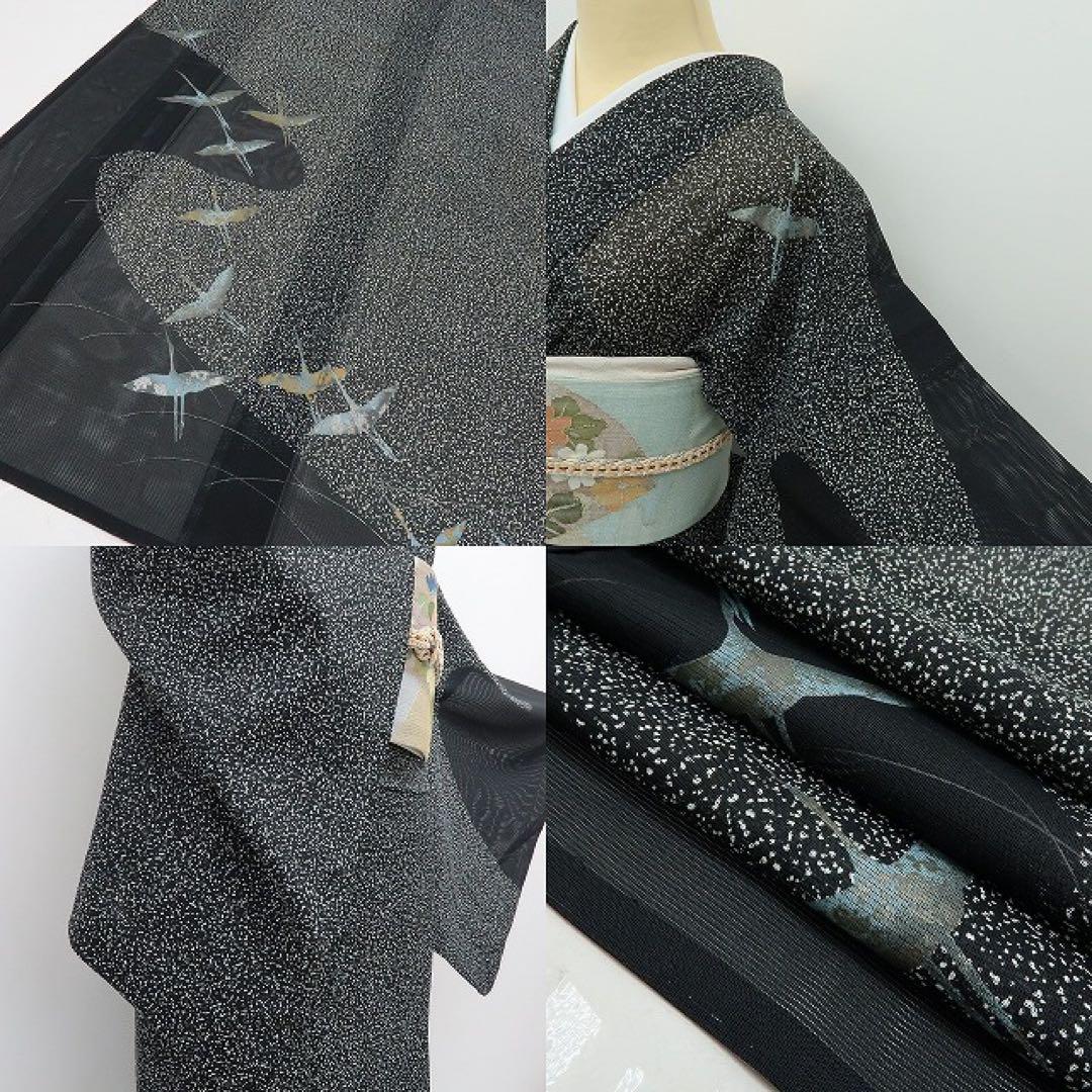美品 洗える夏着物 誂えポリエステル 鶴 絽 訪問着 着物 A3083