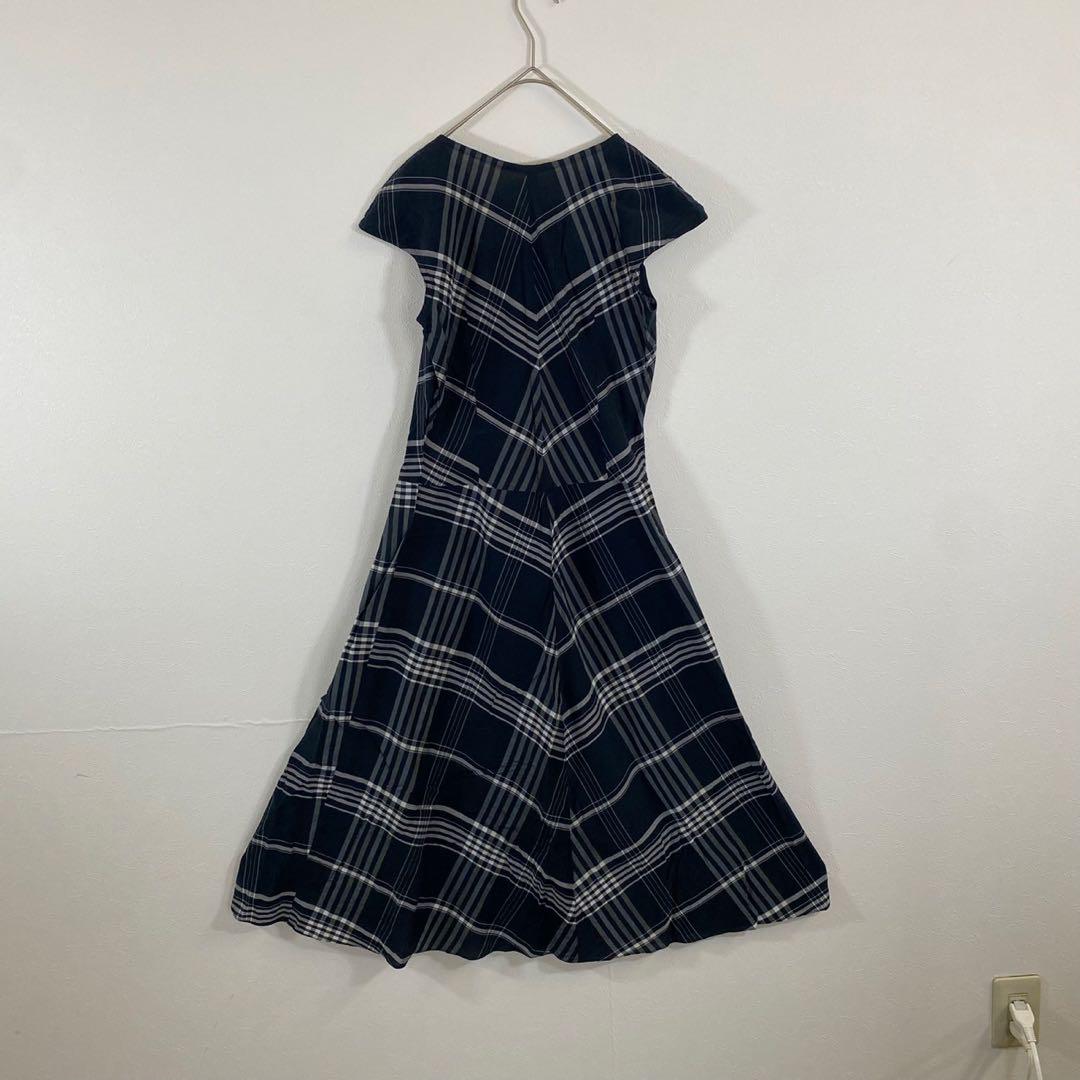【ヒロコビス】チェック柄シャツワンピース フレンチスリーブ ロング丈 フレア M