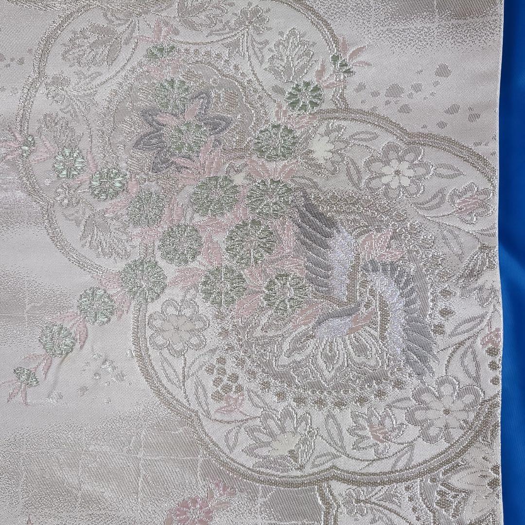 絹製 袋帯 花柄と鶴の刺繍