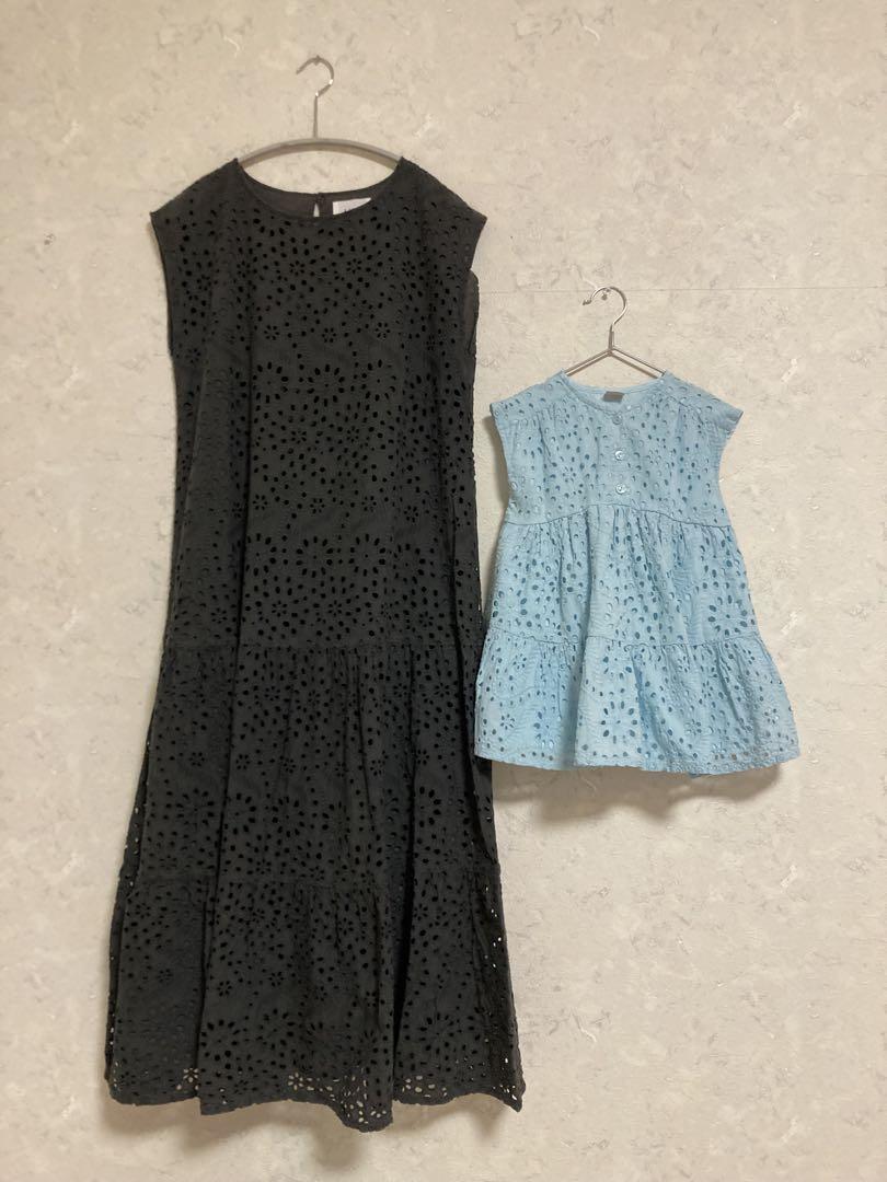美品　プティマイン　プティマインリアン　親子　ワンピース　２点セット　100 プティマイン リアン 親子お揃い ワンピース2点セット