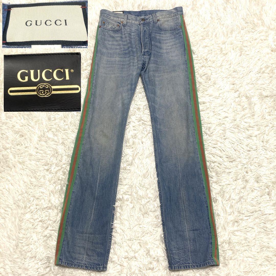 美品✨現行GUCCI シェリーライン　金ロゴレザーパッチ　デニムパンツ　M
