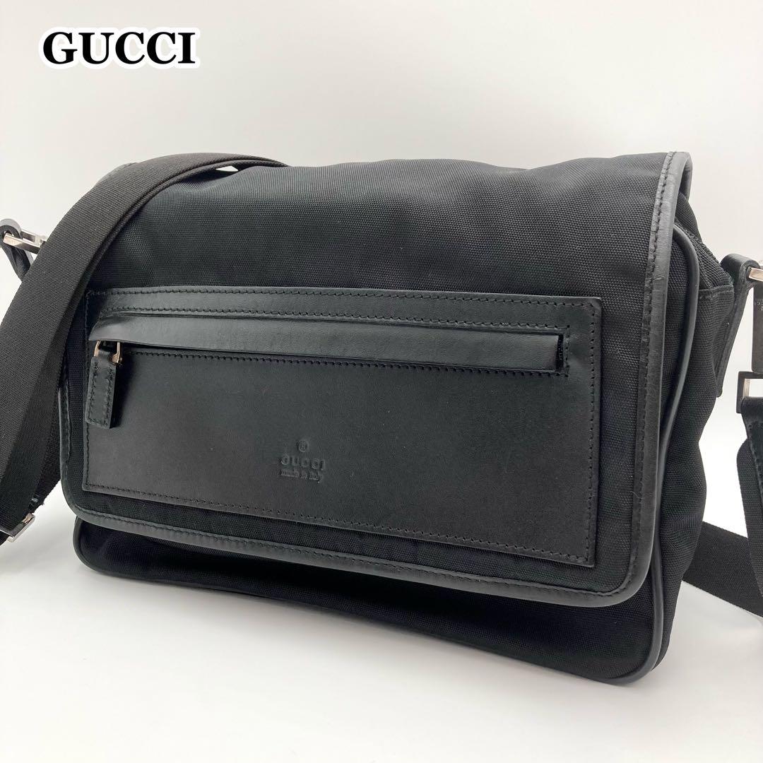 美品✨ GUCCI ショルダーバッグ 黒 ナイロン×レザー フラップ