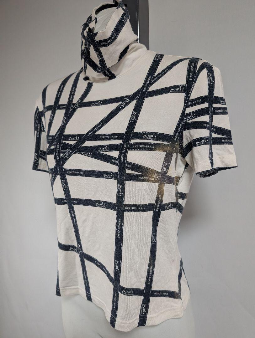 HERMES エルメス ホワイト ストライプ柄 ハイネック Tシャツ 半袖