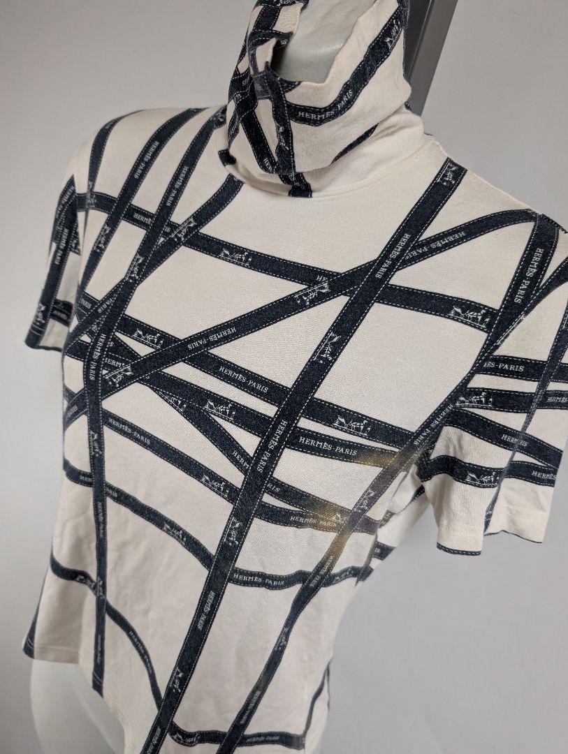 HERMES エルメス ホワイト ストライプ柄 ハイネック Tシャツ 半袖