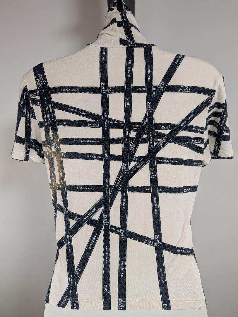 HERMES エルメス ホワイト ストライプ柄 ハイネック Tシャツ 半袖
