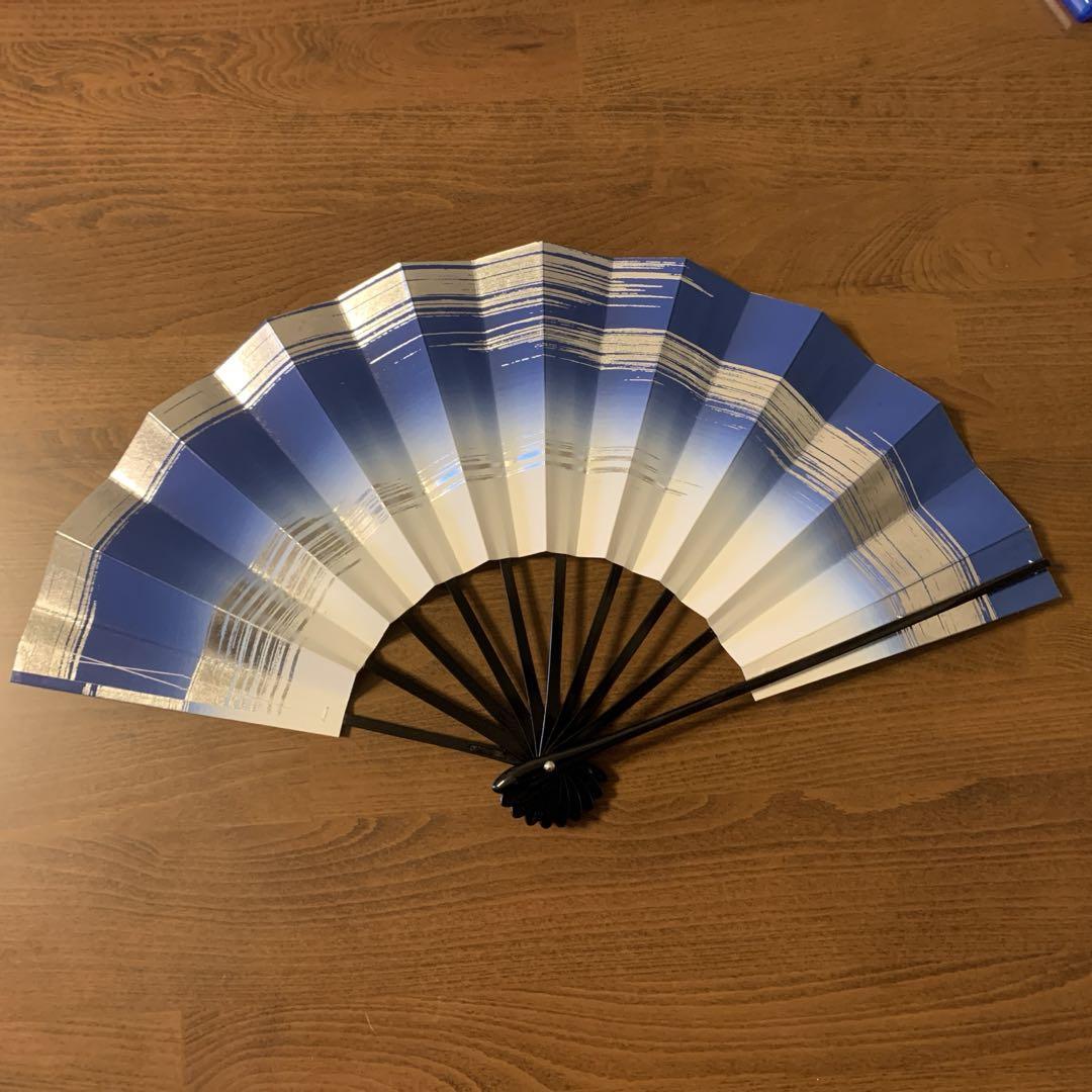 尺舞扇子 日本舞踊・踊り用 30cm 青・金箔・銀箔 黒塗骨 京扇子