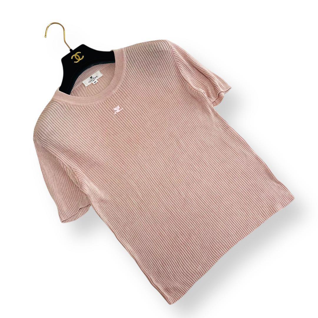 美品✨クレージュ シルク100% クルーネック リブ 半袖 サマーニット 9R 美品✨クレージュ シルク100% クルーネック リブ 半袖 サマー