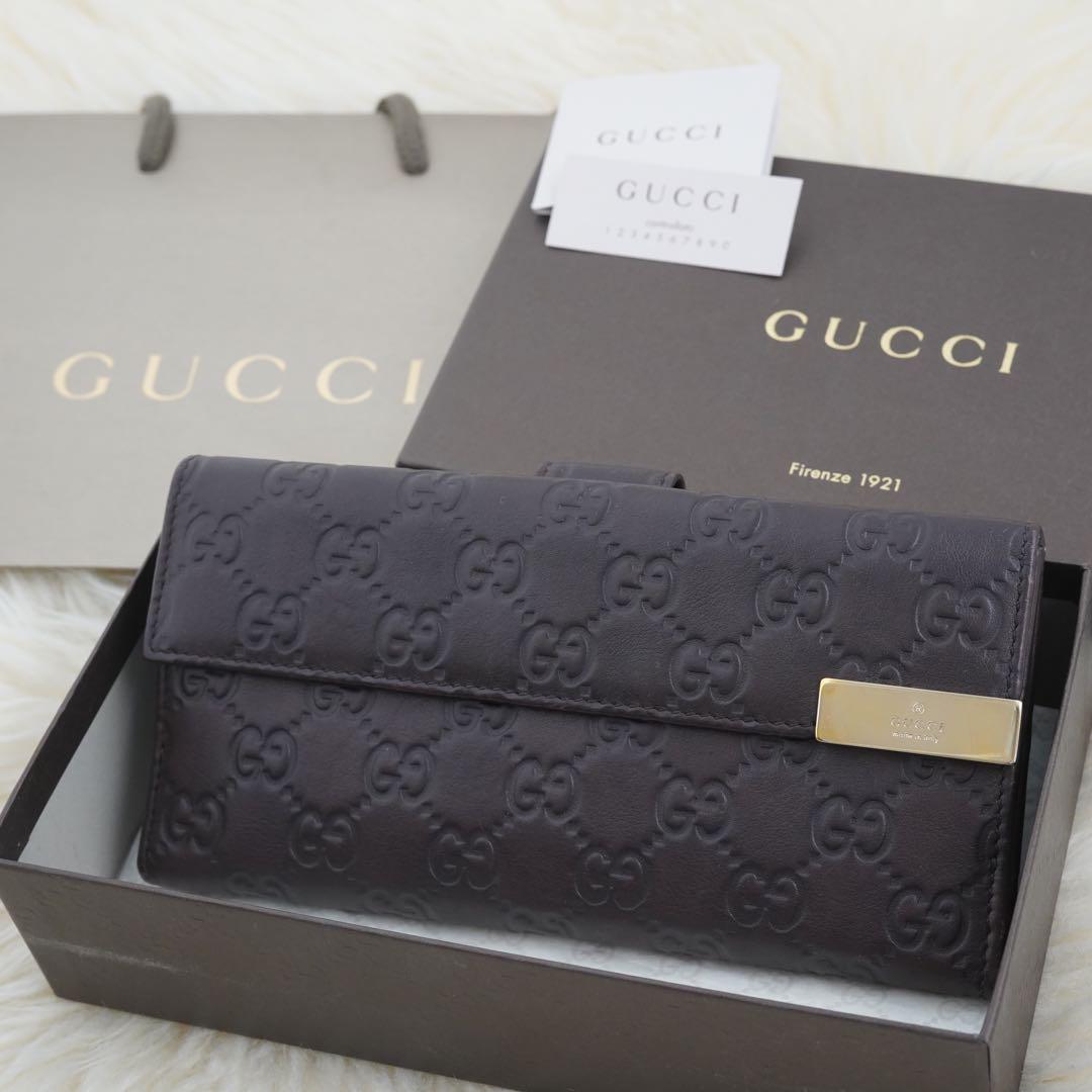 極美品　箱付き　GUCCI グッチ　長財布　折りたたみ　レザー　GG柄　シマ　茶