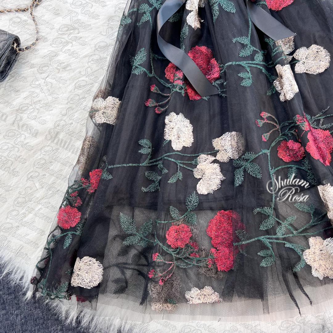 即日発送】刺繍の花咲く♡異素材♡ドッキングワンピ白♡大きい