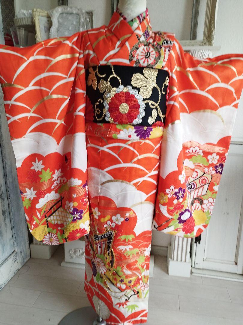 専用です☆アンティークオレンジ白に金駒刺繍の着物単品