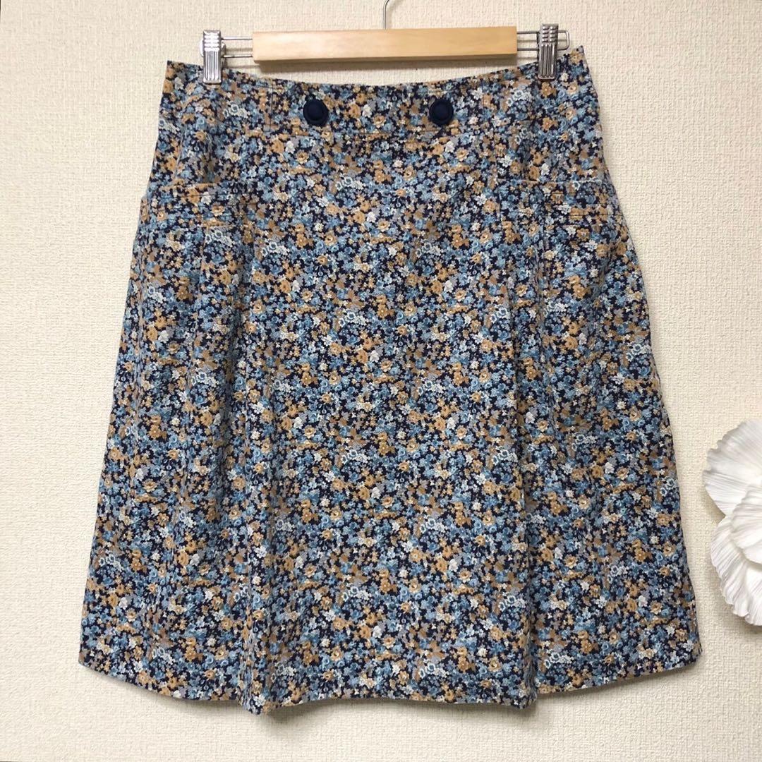 アリスバーリーLリバティ小花柄コーデュロイスカートLL15号ブルー新品タグ無