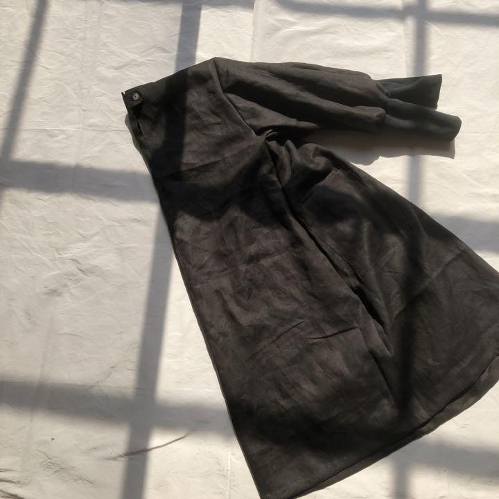 【キャンパス地】linen中厚BLACK＊cottonリブ袖口割烹着OP＊〜Ｍ寸