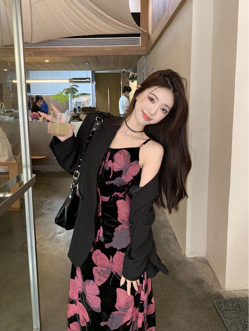 韓国 服 レディース ワンピース ピンク 蝶々 ロングワンピース
