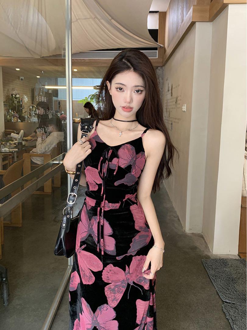 韓国 服 レディース ワンピース ピンク 蝶々 ロングワンピース 黒 柄物 人気 韓国 服 レディース ワンピース ピンク 蝶々 ロングワンピース