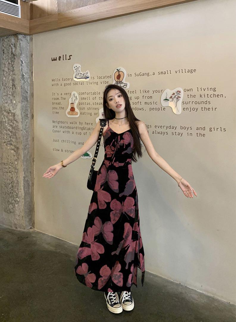 韓国 服 レディース ワンピース ピンク 蝶々 ロングワンピース 黒 柄物 人気 韓国 服 レディース ワンピース ピンク 蝶々 ロングワンピース
