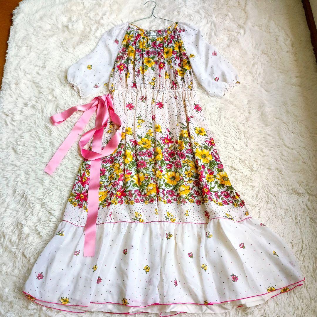 昭和 レトロ 花柄 総柄 シフォン ワンピース リボン ベルト 付き 9 白