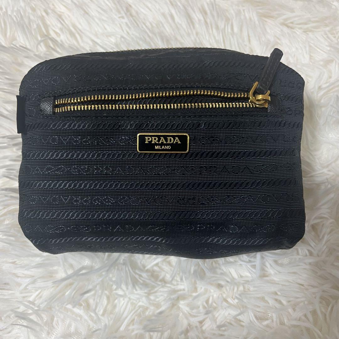 極美品】プラダ ポーチ デニム 三角ロゴ ゴールド金具 横長