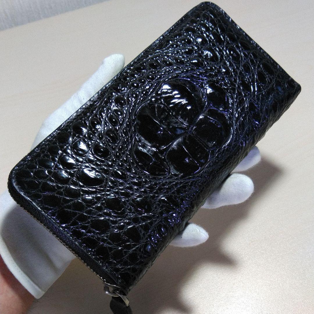 オータムセール品 クロコ 大王冠 S取り一枚革 RF長財布 黒光 048992X