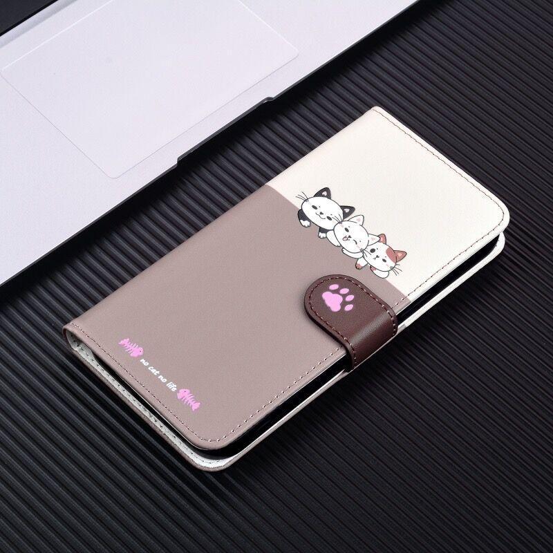 iphoneXRケース 手帳型猫柄iphoneケース 白+ベージュ