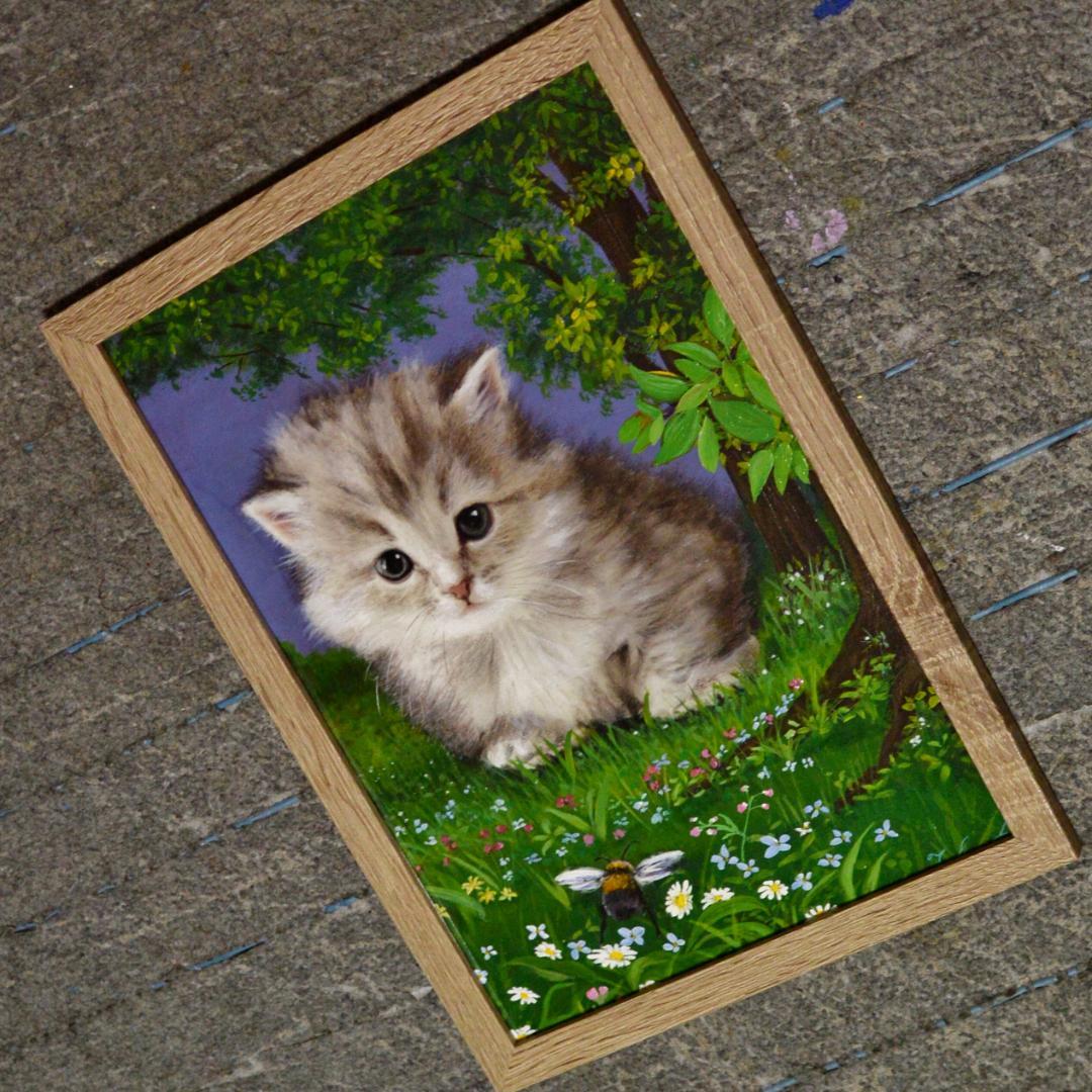アクリル画 原っぱの仔猫 A4 - メルカリ