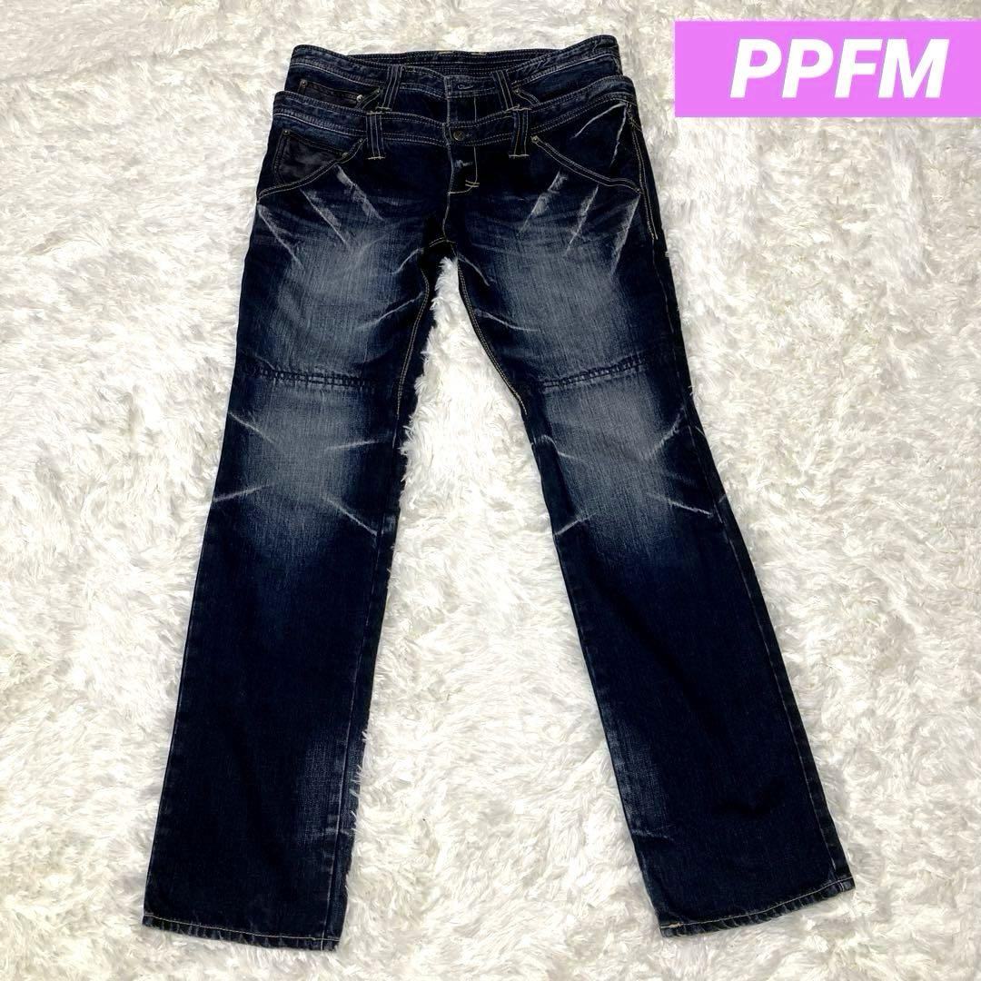 希少　PPFM デニム ジーンズ y2k ダブルウエスト 和柄　加工　濃紺　Lパンツ