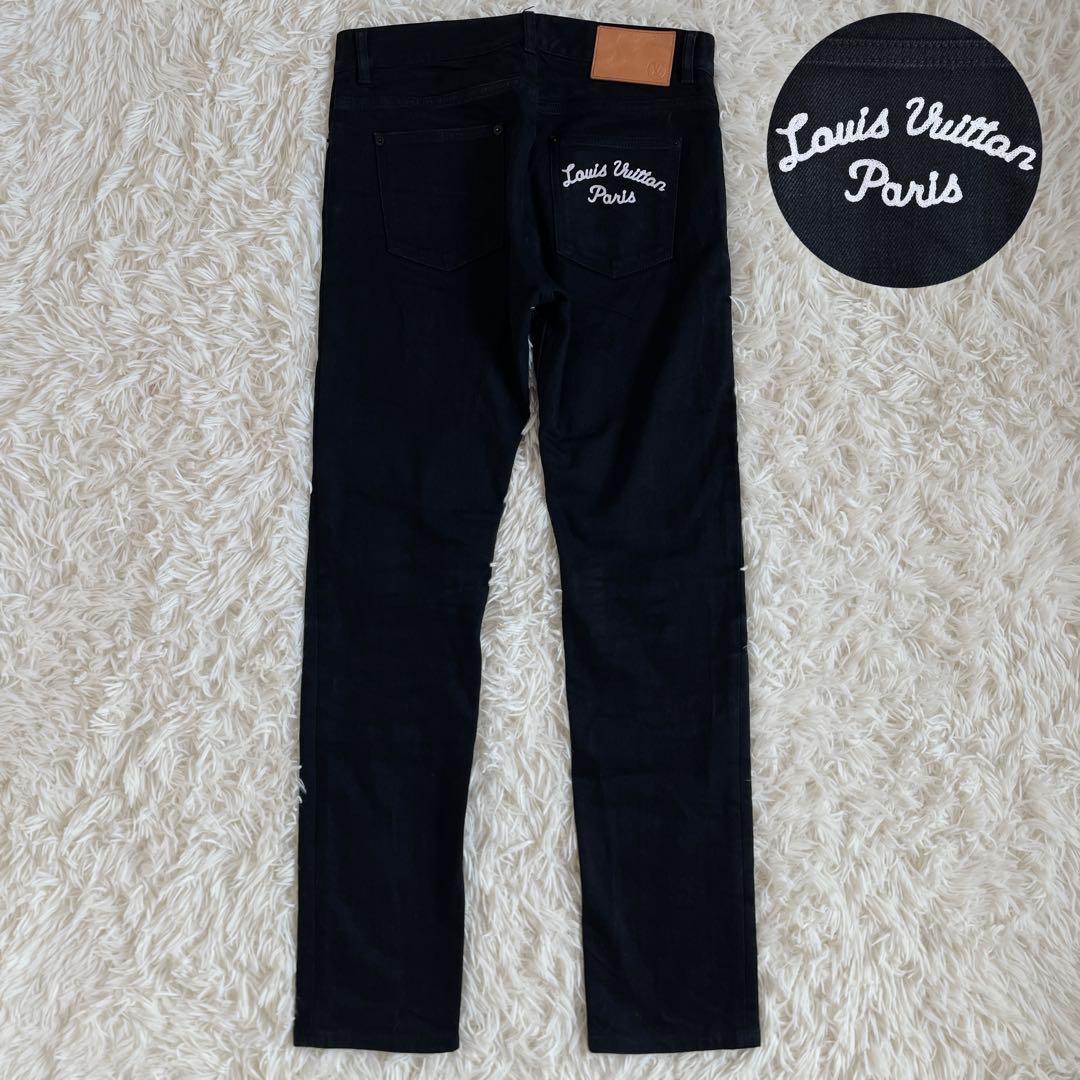 美品　ルイヴィトン　デニムパンツ　ロゴ刺繍　LV　ブラック　S相当　レザーパッチ