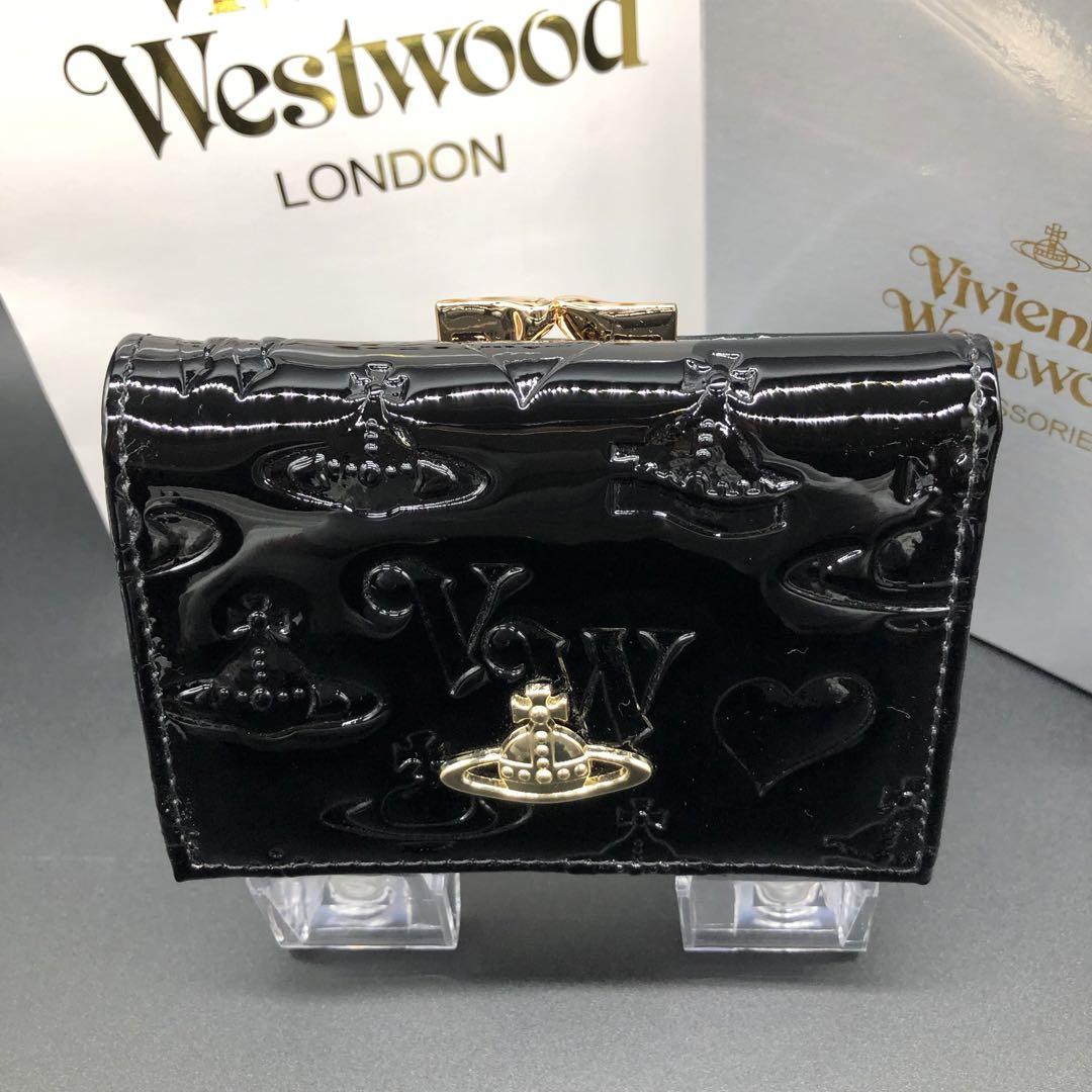 Vivienne Westwood 財布 三つ折り がま口 ブラック エナメル
