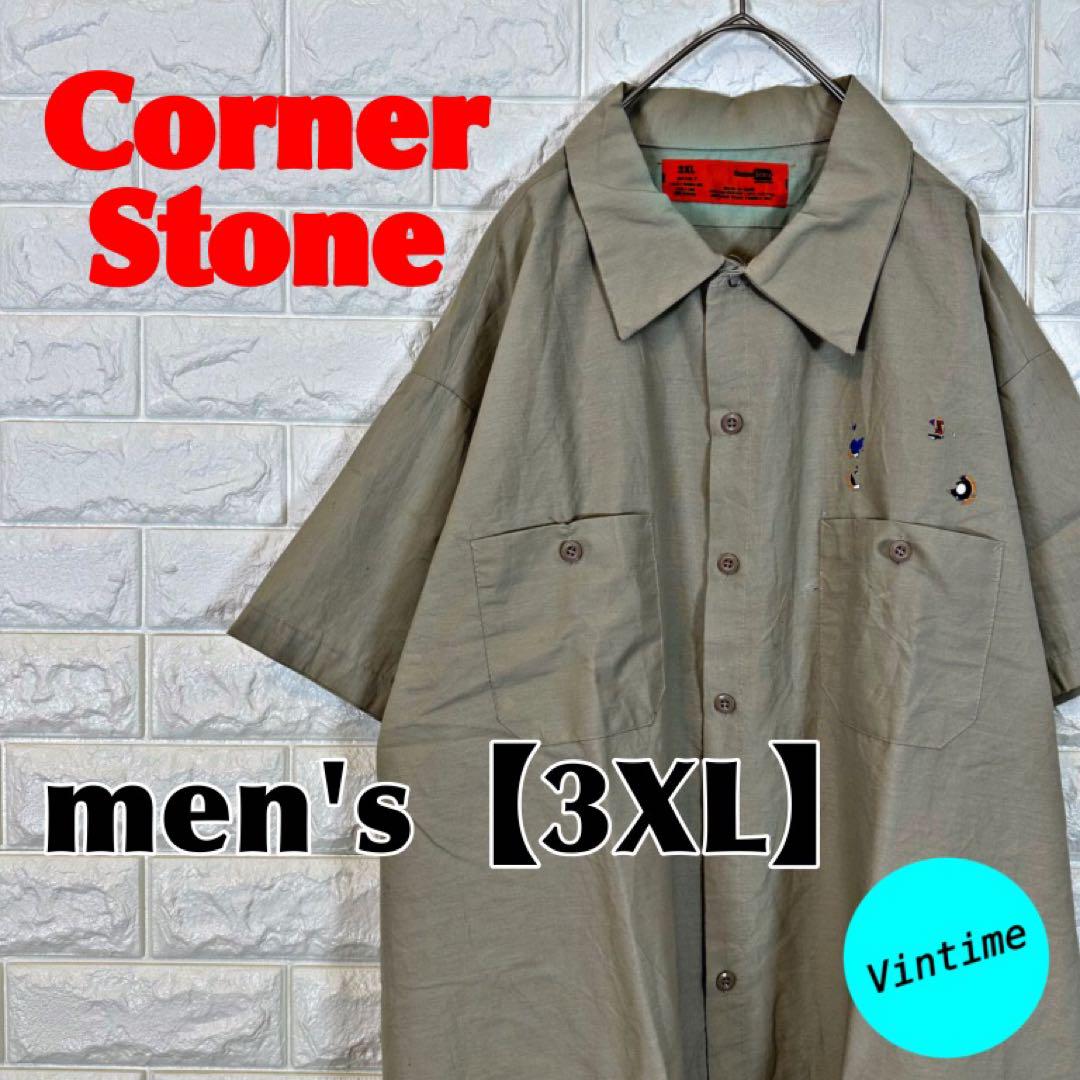 V766【CornerStone】プリントワークシャツ【メンズ3XL】ベージュトップス