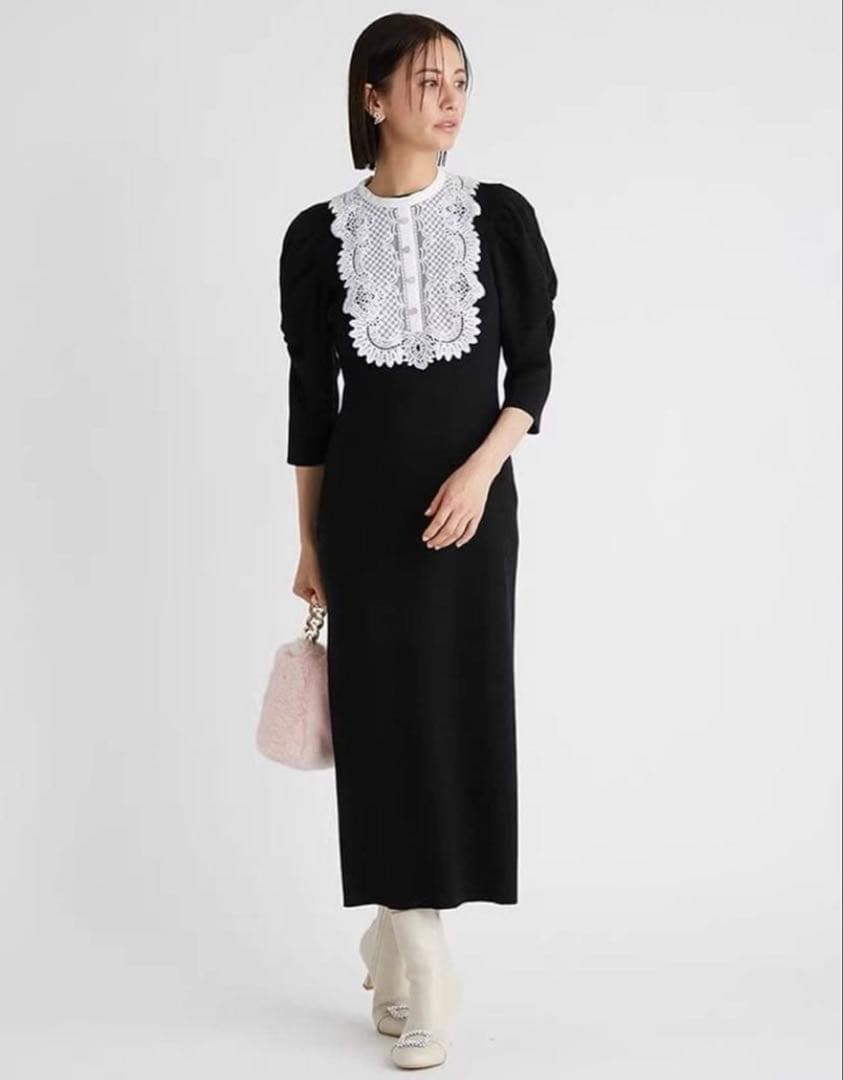 セルフォード エンブロイダリーヨーク ニット ワンピース 襟付きS CELFORD