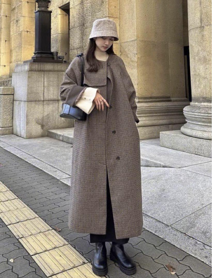 Eaphi no collar wool check coat