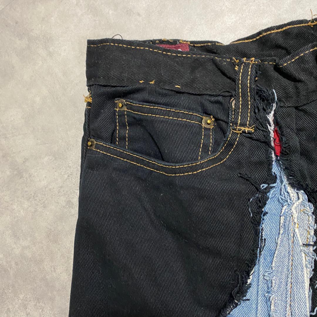 【超特価】 ワイド ブルーデニム リメイクデニム フレア 青 黒 M 再構築 パンツ