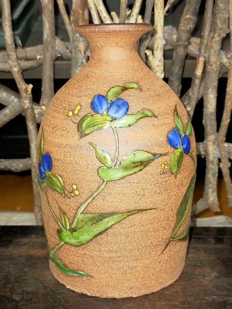 ♥冬柴文廣　露光窯　釉描彩　露草　花瓶　共箱付き　骨董　古玩