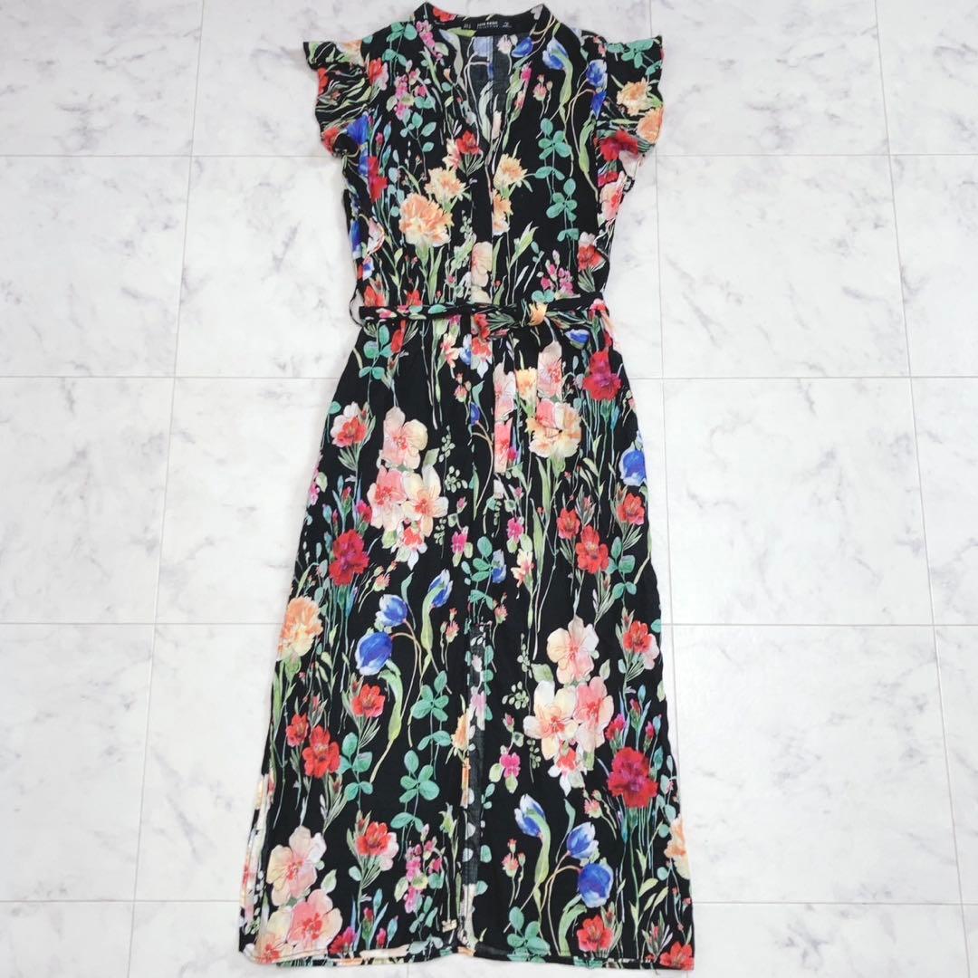 ZARA ボタニカルフラワー ロングワンピース フリル ウエストリボン M