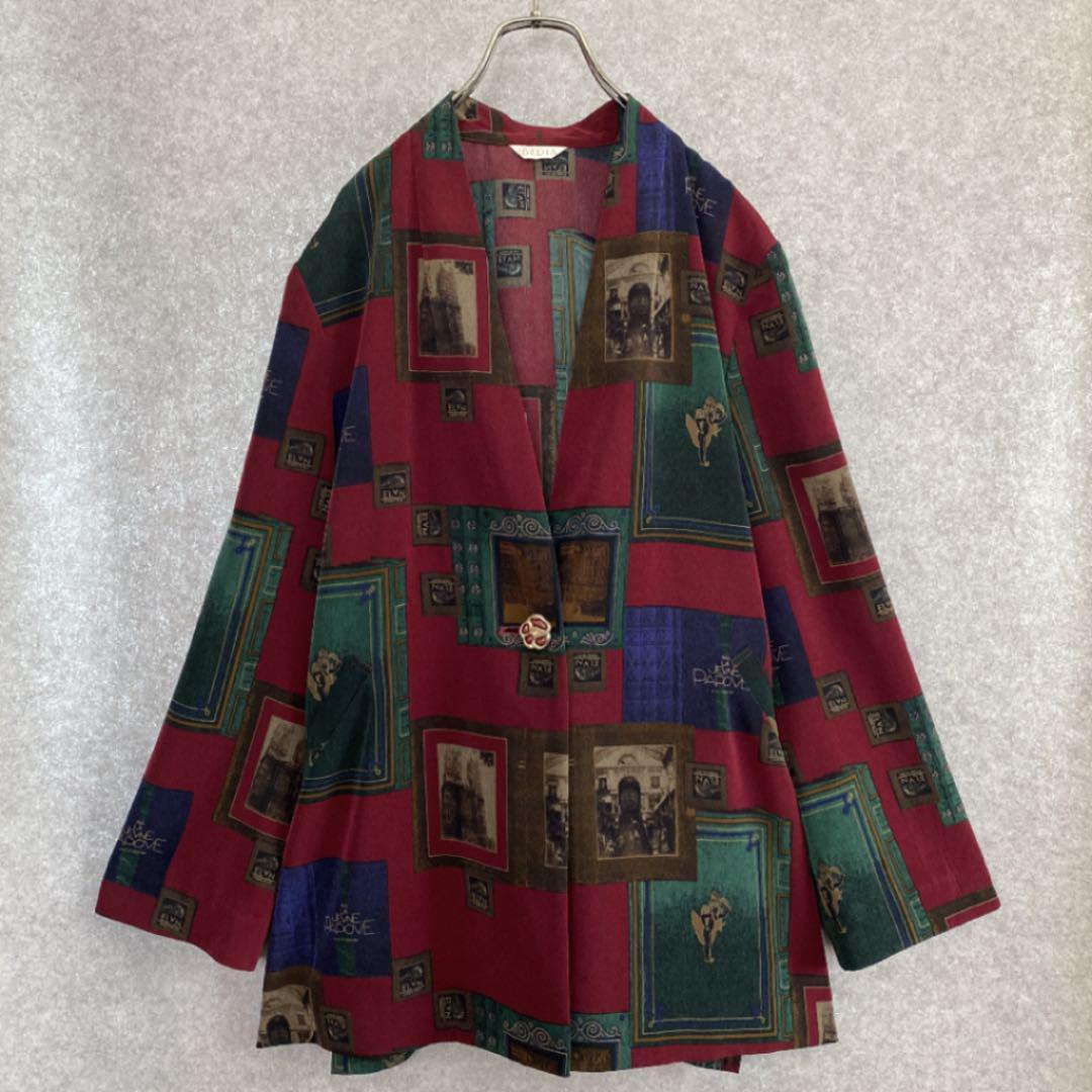 vintage ヴィンテージ レトロ古着 総柄シャツジャケット ノーカラー