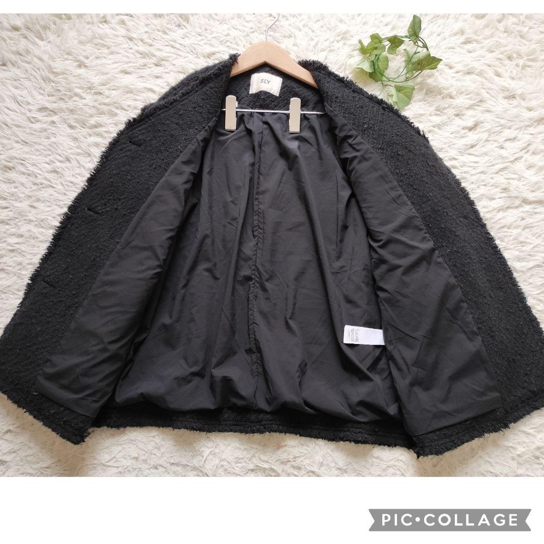 スライ☆ツイードパターン ノーカラー ジャケット　オーバーサイズ　フリンジ黒