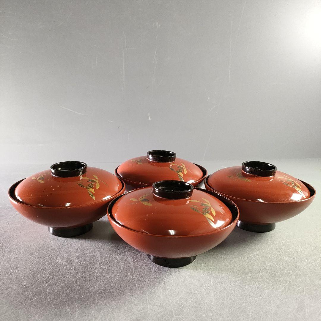 A1023-3/金彩唐草文御汁碗4客/蓋付茶碗/漆器/懐石道具/