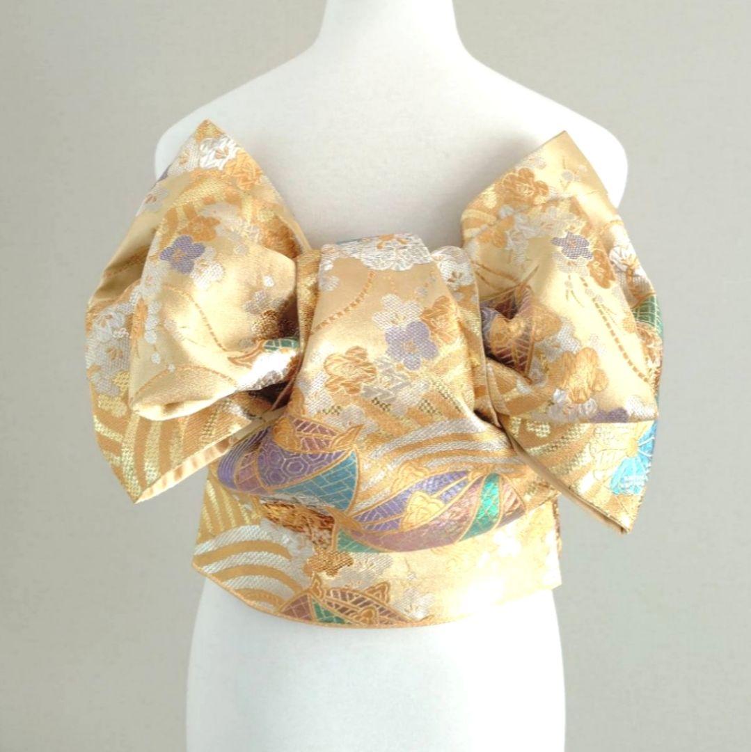 一部式 佳麗にお太鼓 振袖用 作り帯付け帯 正絹 金色 胴巻き〜90cm目立った傷や汚れなし