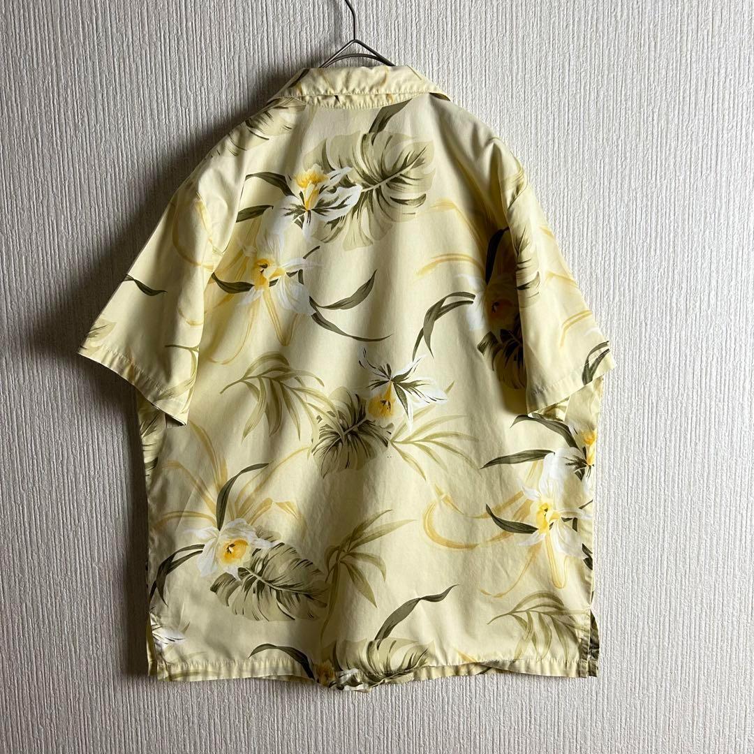 【メンズ】アロハシャツ　総柄　半袖　ボタニカル　黄　白　緑　ハワイ製　古着