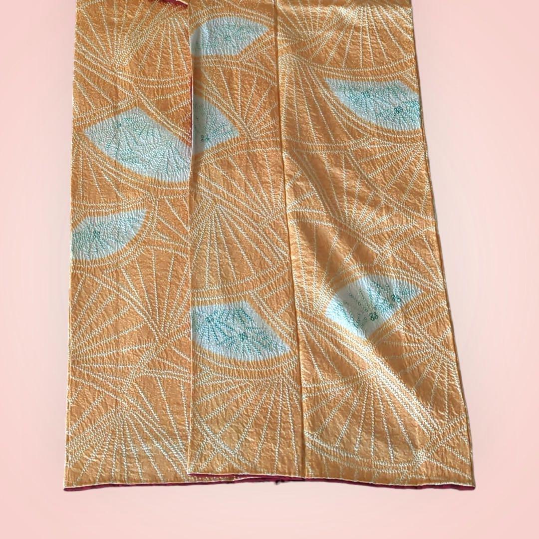 上質✨ 着物 正絹 訪問着 絞り袷 長襦袢付き【F】オレンジ系 白 緑 扇