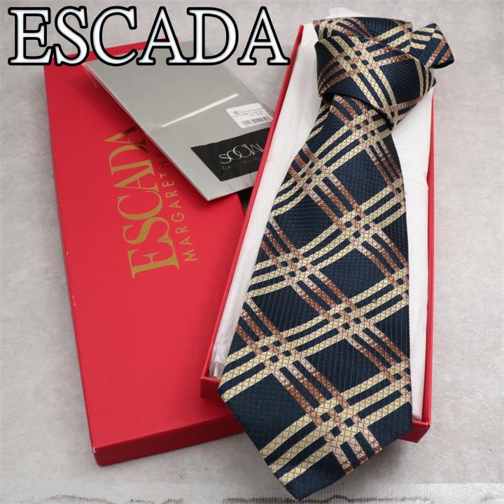 ESCADA 未使用箱付 ゴールドとブラウンの格子柄 イタリア製 紺