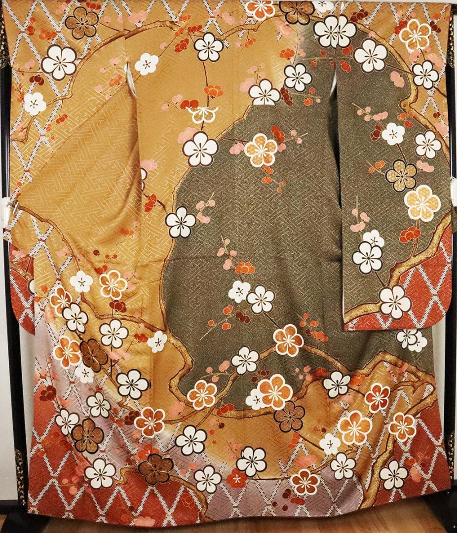 振袖 正絹 茶色 緑色 薄グレー 梅 Lサイズ ki24217 美品