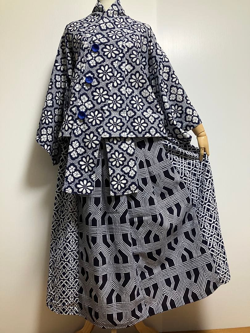 古布　浴衣リメイク　ジャケットとスカートのセットアップ　二部式浴衣　二部式着物