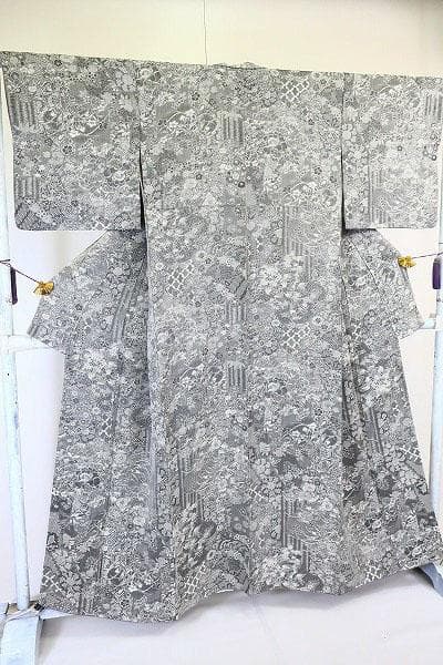 美品 天目織 グレー 花文 レース 身丈155cm 裄丈65cm 袷 正絹