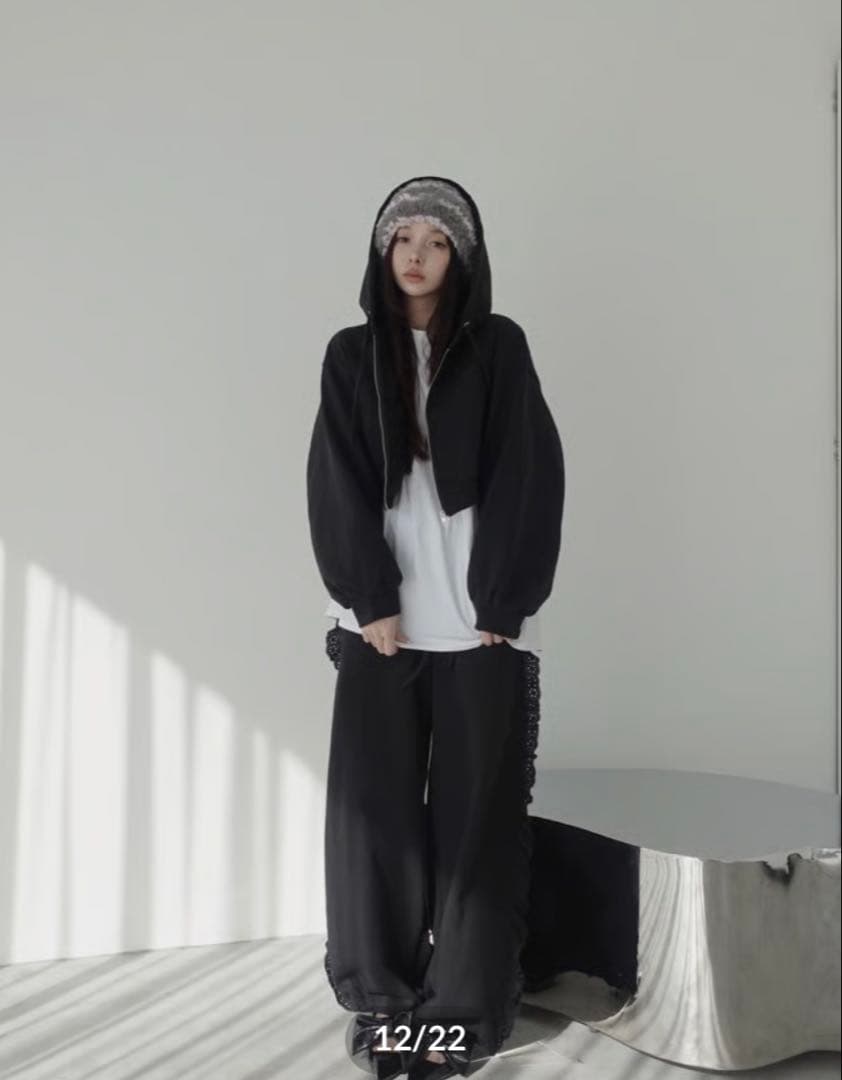 fiction tokyo フリルスウェットセットアップ ショート ブラック