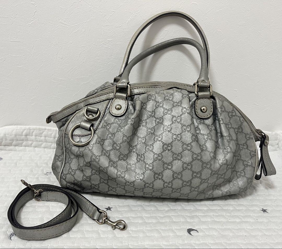 【翌日発送】グッチ GUCCI レザー2WAY バッグシルバーライトグレー