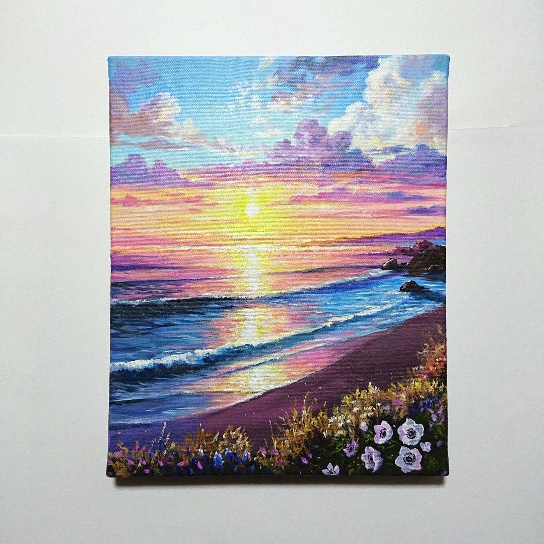 【日が沈む頃】アクリル画 F3 風景画 絵画